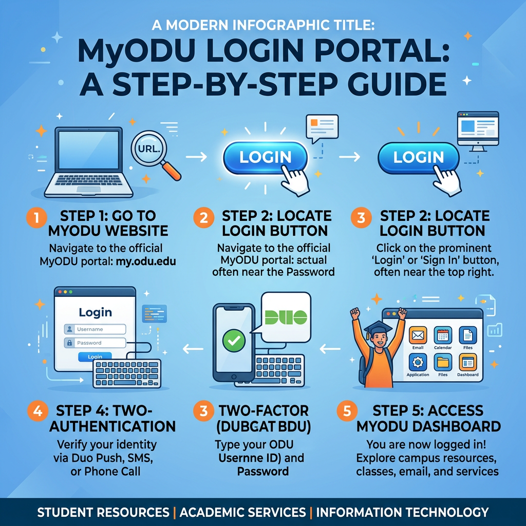 Step-by-step instructions for logging into MyODU portal including website navigation, locating login button, two-factor authentication, and accessing dashboard